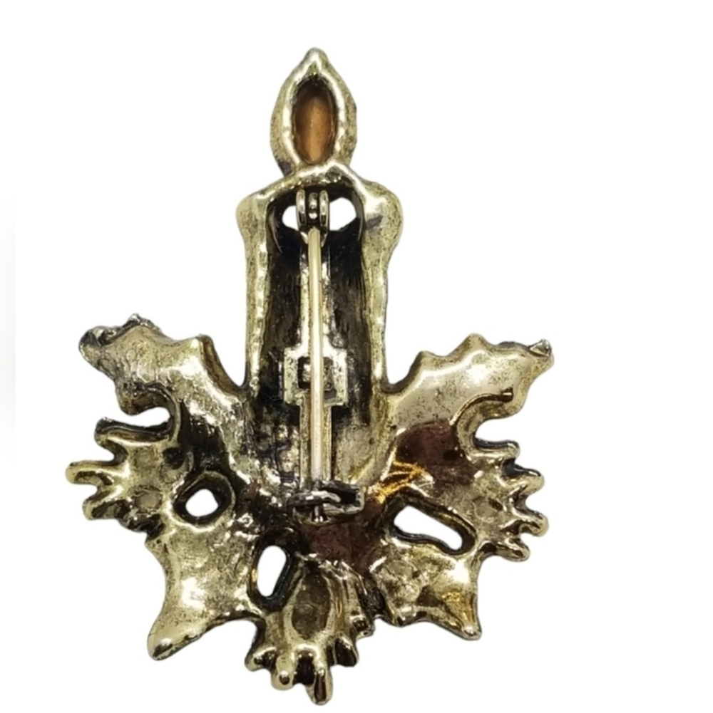 VINTAGE GOLDTONE WITH ENAMEL & RHINESTONES CHRISTMAS CANDLE PIN - Picture 4 of 4